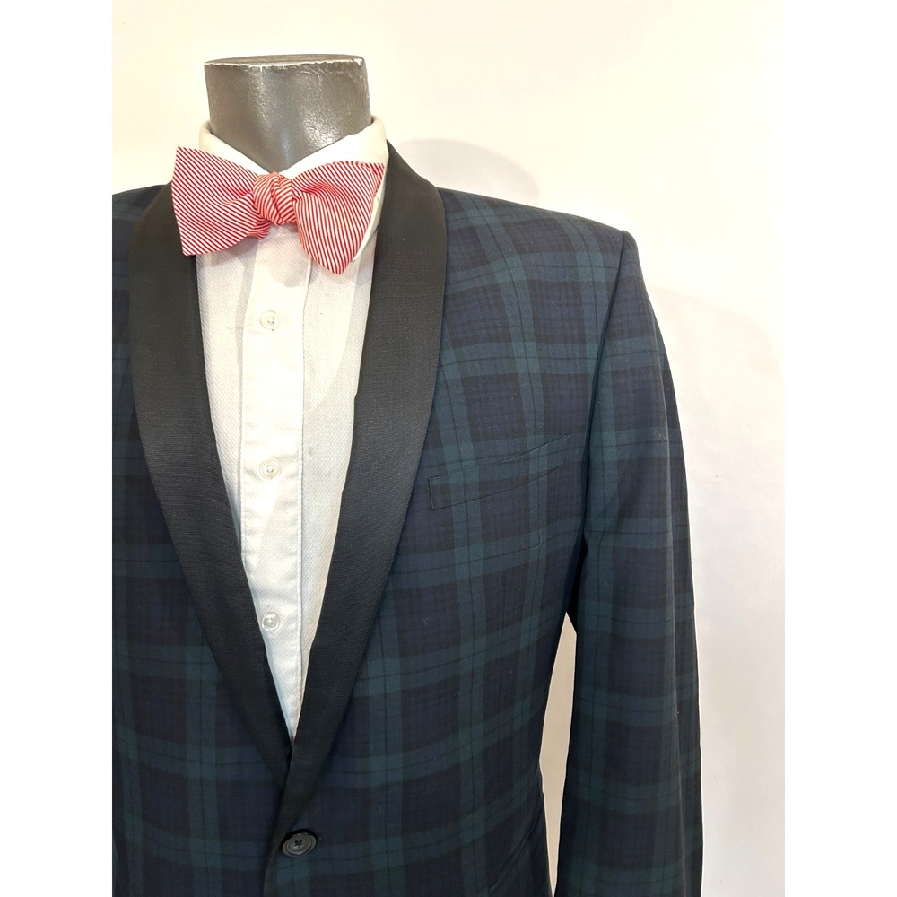 Next For Men Green Black Watch Plaid 1 Button Shawl Formal Blazer 46L Poly Blend